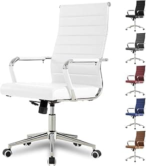 Okeysen White Office Desk Chair, Ergonomic Leather Modern Conference Room Chairs, Executive Ribbed Height Adjustable Swivel Rolling Chair for Home Office.