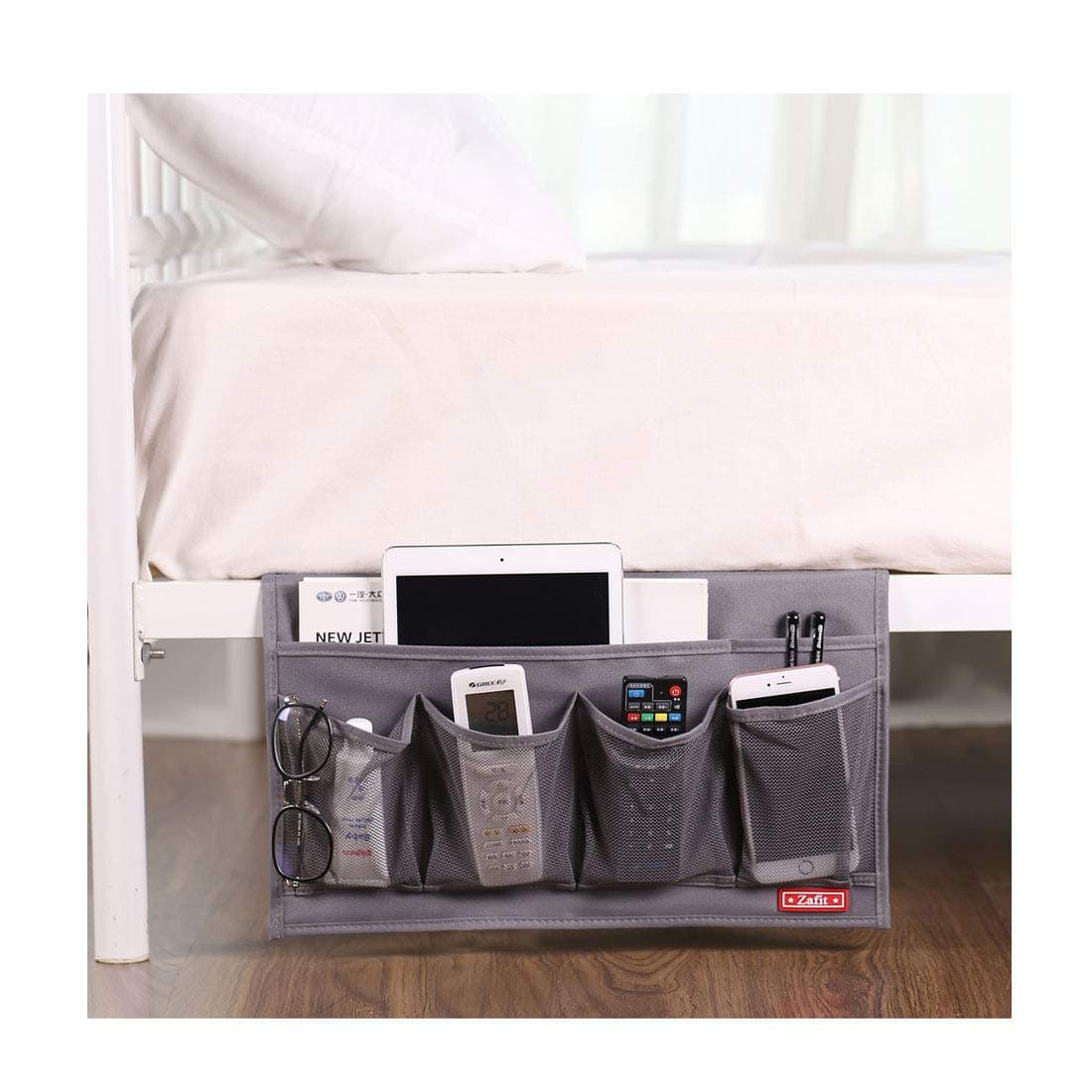 Bedside Storage Organizer - 6 Pockets, Table Cabinet Caddy for Remotes, Phone, Glasses (Grey)