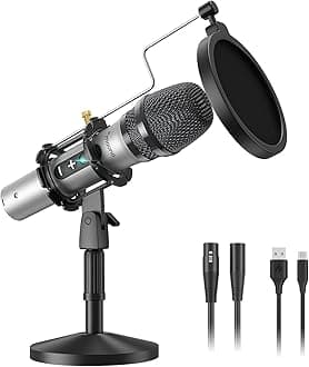 MAONO USB/XLR Podcasting Dynamic Microphone, Studio Mic Kit with Volume Control, Shock Mount, Pop Filter, Ideal for Vocal, Recording, Voice Over, Live Streaming - Silver