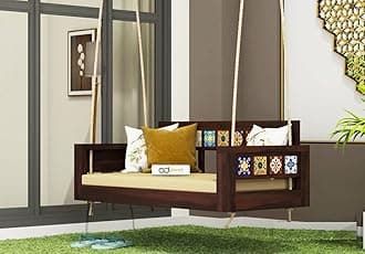 Solid Wood 2 Seater Rope Swing Chair | Wooden Hammock Swing Sofa with Rope & Complete Accessories for Indoor, Outdoor, Balcony & Garden | House Big Hanging Swings Jhula | Tiles, Walnut