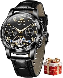 OLEVS Mechanical Dress Mens Watches Square Brown Leather Strap Moon Phase Skeleton Tourbillion Day Date Waterproof Luminous Men's Wrist Watches