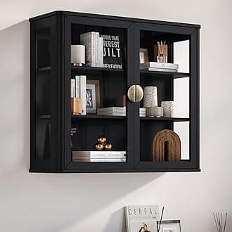 NEWOWNDS Bathroom Wall Cabinet with Tempered Glass Doors - Wall Mounted Glass Display Floating Storage Cabinet, Adjustable Shelves for Kitchen & Living Room