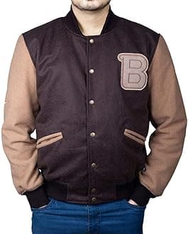 Mens Brown Varsity Letterman Jacket - Letter B Patch Flight Bomber Wool Jacket