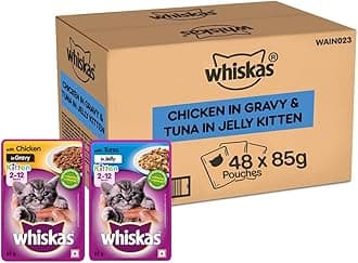 Kitten (2-12 Months) Wet Cat Food, Tuna in Jelly, 24 Pouches (24 X 85G) & Chicken in Gravy, 24 Pouches (24 X 85G), 1 Count