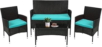 FDW Rattan Furniture Wicker Chair Patio Bristo Set for Outdoor Indoor Use with Loveseats Coffee Table,Blue Cushion, 4-Pieces