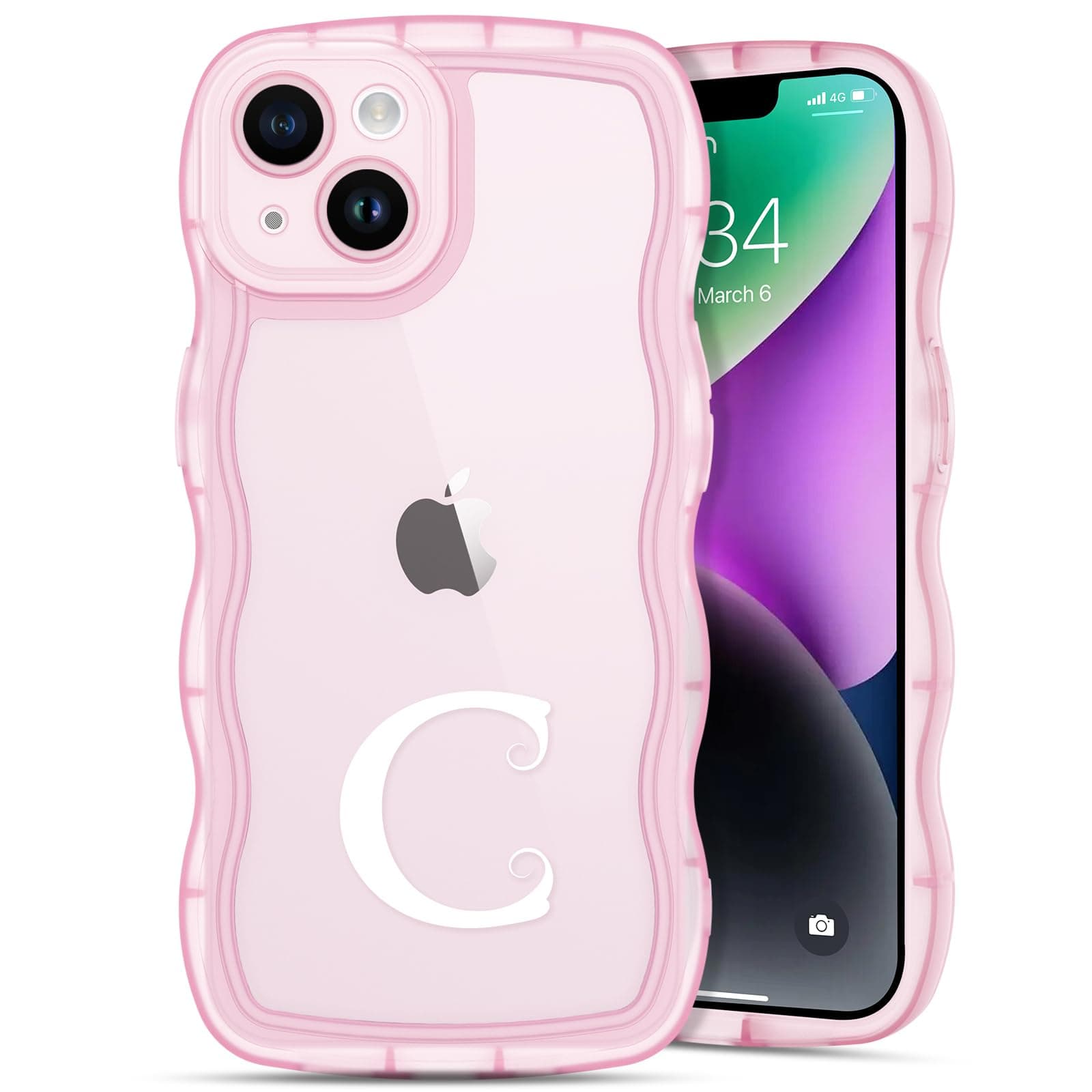 Case for iPhone 15Plus A-Z Initial Personalized Phone Case for Girls Kawaii Cute Curly Wave Edge Phone Cover Preppy TPU Protective Case Valentines Day Gifts for Her/Women - Pink C