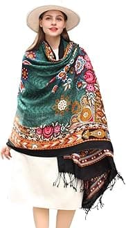 100% Merino Wool Pashmina Shawl for Women 96"x43", Oversized Cashmere Wrap with Tassels, Floral Travel Blanket Cape