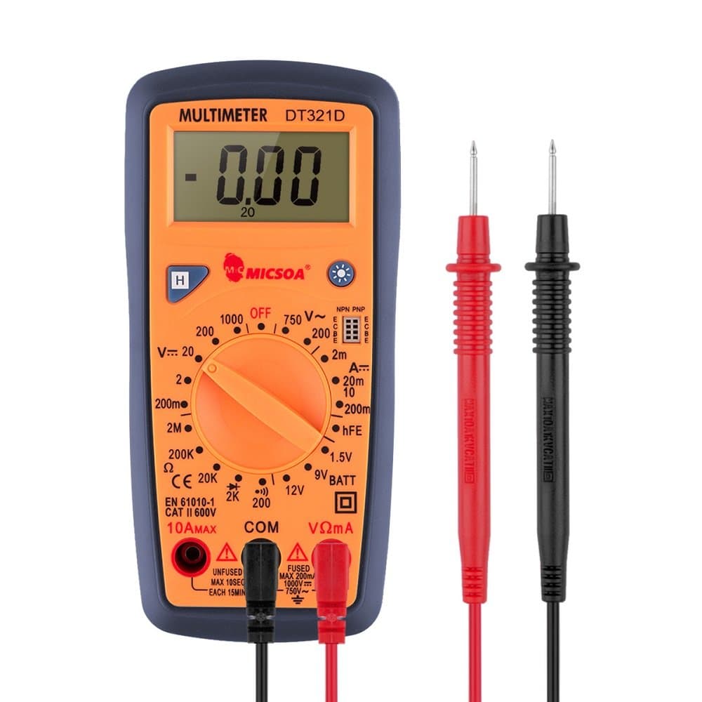 Micsoa Handheld Digital Multimeter Backlight, AC/DC Volt Amp Ohm Meter with Diode Continuity, Transistor hFE and Battery Test Yellow DT321D