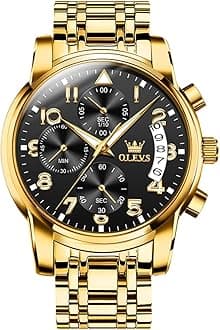 Men's Stainless Steel Chronograph Watch, Big Face Gold Silver Black Tone Easy to Read Analog Quartz Watch, Luxury Waterproof Date Diamond Roman Arabic Numerals Dial Dress Watch for Men