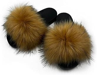 Women's Faux Fur Slides Slippers Fluffy Fuzzy Sandals Open Toe Furry Slide Flip Flop Indoor Outdoor