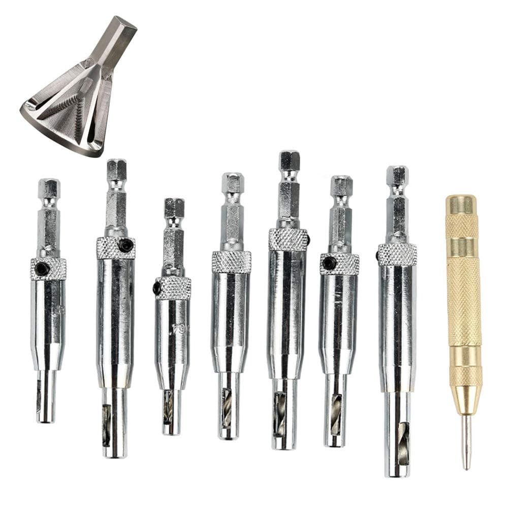 Deburring External Chamfer Tool Remove Burr Tool, 7pcs Center Drill Bit Doors Self Centering Hinge Tapper Core Drill Bit Set, 5” Automatic Spring-Loaded Center Hole Punch Tool Set
