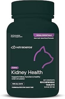 Kidney Health Chewable Tablets, Renal Essentials Supplement for Cats, Kidney Care and Support with Mushroom, Astragalus Root, Nettle Seed and Herbs, Chicken and Fish, 60 Count