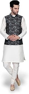 Ethluxis® Men's Silk Blend Kurta Churidar Pyjama with Ethnic Bundi Jacket Set