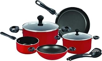 Prestige 9 Piece Non-Stick Cookware set | Non Stick Aluminium | Casserole | Sauce Pan | Fry Pan – Red
