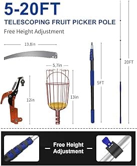 26FT Reach Pole Saw, Telescoping Tree Trimmer with 5-20FT Extension Pole, Sharp Steel Blade and Scissors, Fruit Picker, Extendable Long Handle Tree Pruner for Yard Garden Trees Palms Shrubs