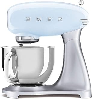 Smeg SMF02PBUK Retro 50's Style Stand Mixer with 4.8L Stainless Steel Bowl, Safety Lock, 10 Variable Speeds, 800W, Pastel Blue