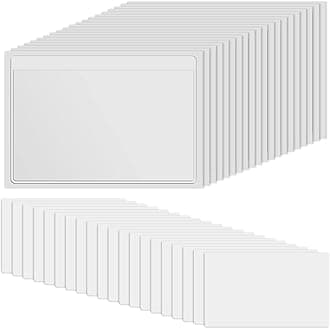 50 Pack-3 x 5 Inch Card Pockets Clear Plastic Card Pockets and 50 Sheets Index Cards, Top Open for Loading, Self Adhesive Label Holders, Plastic Labels Holders for Storage Bins and Library Card