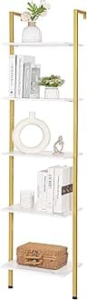 ELYKEN Ladder Shelf, Gold and White 5-Tier Wood Wall Mounted Bookshelf with Metal Frame, Modern Open Display Organizer Rack, Leaning Storage Shelves for Living Room, Bedroom, Home Office