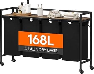 Lifewit Laundry Hamper 4 Section, 168L Pull out Laundry Clothes Basket Organizer with Large Top Shelf and 4 Removable Bags and Handles for Laundry Room Bedroom Bathroom, Black with Wheels