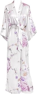 Old Shanghai Women's Kimono Long Robe - Chrysanthemum & Crane (White)