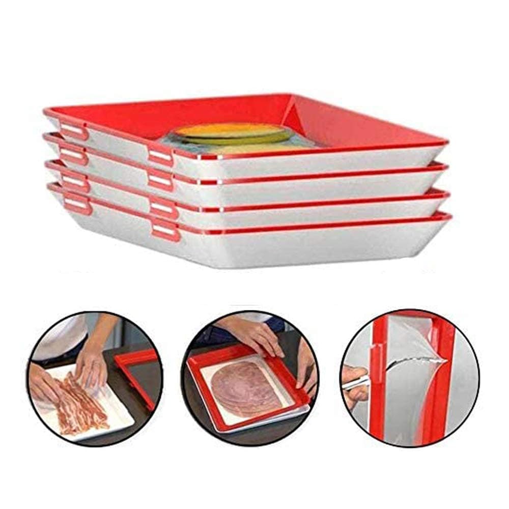 Vacuum Fresh Storage Tray, Reusable Food Storage Container Creative Stackable Food Preservation Tray Vacuum Preservation Tray with Elastic Lid, for Vegetable Fruit Meat Fish (4 PCS)
