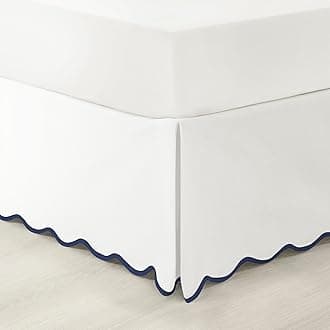 Coastal Chic Scalloped Edge Linen-Textured Bed Skirt Single, King Navy & White - White Bed Skirt King Size - Coastal Decor - Wrap Around Bed Skirt