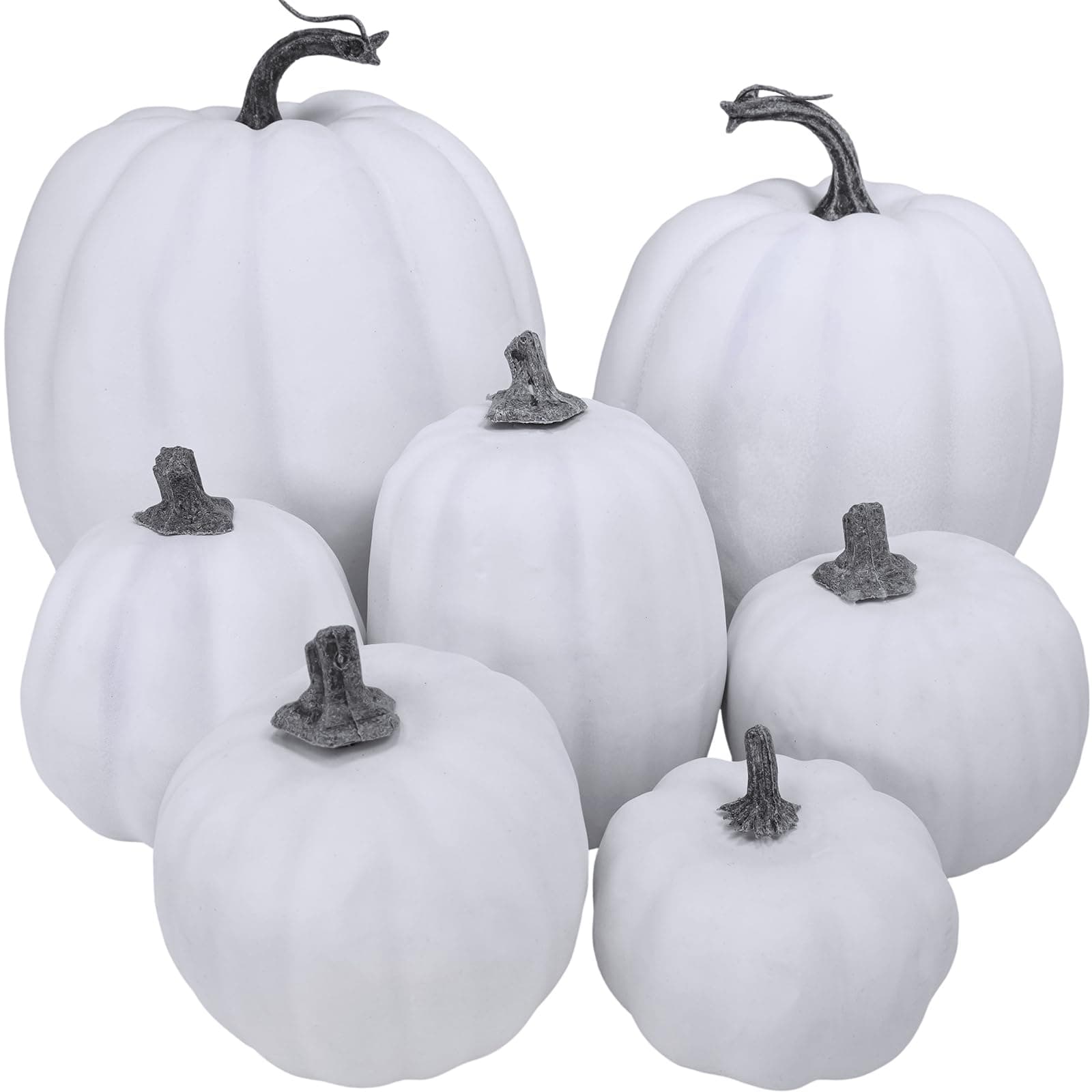 Winlyn 7 Pcs Assorted Sizes Fall Artificial Pumpkins Harvest Pumpkins Faux Foam Pumpkins for Fall Autumn Season Halloween Thanksgiving Harvest Holiday Season Festive Tabletop Decoration (White)
