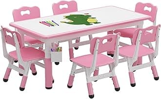 Kids Table and 6 Chair Set with Storage Box, Height Adjustable Toddler Table and Chairs Set for Ages 2-10, Graffiti Desktop, Non-Slip Legs, for Daycare Classroom Home