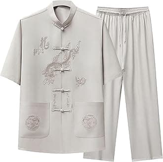 Cambkatl Men's Dragon Embroidered Tang Suit Chinese Traditional Mandarin Collar Kung Fu Shirts Short Sleeve Tai Chi Outfits