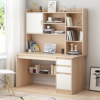 LITFAD Modern Computer Desk Work from Home Desk with Hutch, Bookcase and Integrated Cable Management, Rectangular Wood Office Desk 3 Drawers, 47.2" L x 17.7" W x 64.2" H, Natural
