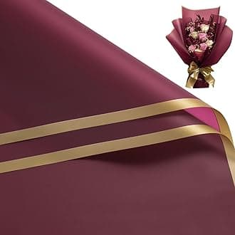 Loveinside 20 Sheets Flower Wrapping Paper - Gold Edge Waterproof Floral Bouquet Wrapping Paper - Florist Supplies Packaging Paper for Birthday, Wedding and DIY Crafts - Wine Red