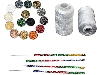 EmbroideryMaterial Glass Seed Beads Mix with Aari Needle Set & Art Silk Thread – Maggam Embroidery, Aari Work, Saree Blouse Design, Lehenga, Jewelry Making, DIY Craft Kit