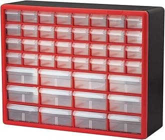 Akro-Mils 10144, 44 Drawer Plastic Parts Storage Hardware And Craft Cabinet, 20-Inch W X 6-Inch D 16-Inch H, Red