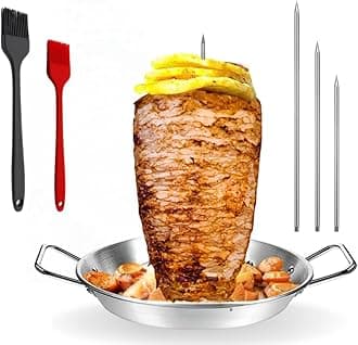 Al Pastor Skewer for Grill, Stainless Steel Vertical Gyro Plate for Oven, Spit Stand, Brazilian Vertical Spit Stand with Brushes, 3 Removable Spikes 8/10/12 BBQ Shawarma Stand, Kebabs Smoker, Tacos.