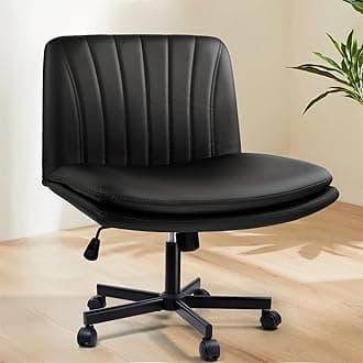 Criss Cross Chair, PU Leather Vanity Chair with Wheels, Armless Cross Legged Home Office Chair, Wide Seat Swivel Criss Cross Desk Chair, Height Adjustable Vanity Chair with Back, Black