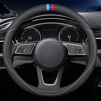 Carodi Latest Nappa Leather car Steering Wheel Cover, Stylish Non-Slip Leather car Interior 15 inches Universal Black(red and Blue Signs)