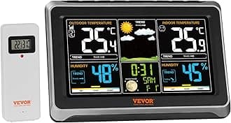 VEVOR Weather Station Indoor Outdoor, 7.5 in Color Display, Wireless Digital Home Weather Station, with Sensor Atomic Clock Adjustable Backlight Forecast Data Calendar Alarm Alert Temperature-NO WiFi