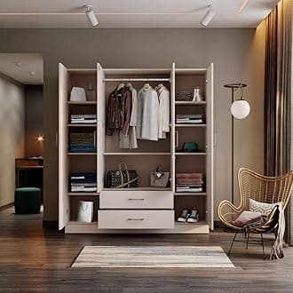 Wakefit Wardrobe | 1 Year Warranty | Engineered Wood Almirah, Cupboard for Clothes Storage | 4 Door, Mirror, 1 Drawer, 1 Hanging Space | Organza Plus - Frosty White