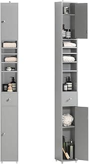 Haotian Bathroom Cabinet, Grey, 7.87 x 7.87 x 70.87 inches, 2 Doors, 1 Drawer, 5 Shelves, Adjustable, Modern Contemporary Style, Lacquered Finish, Floor Mount, Freestanding, Assembly Required
