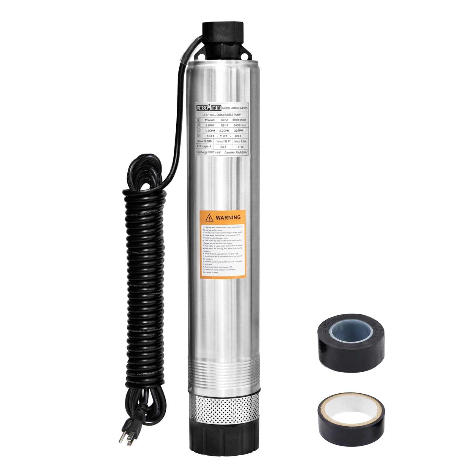 WASSERMANN 4" Septic Pump Submersible Effluent/Cistern Bottom Suction Pump with 33FT Cable,1/2HP,115V/60HZ,26GPM,138FT Head,Stainless Steel Deep Well Pump for Septic Tank Home