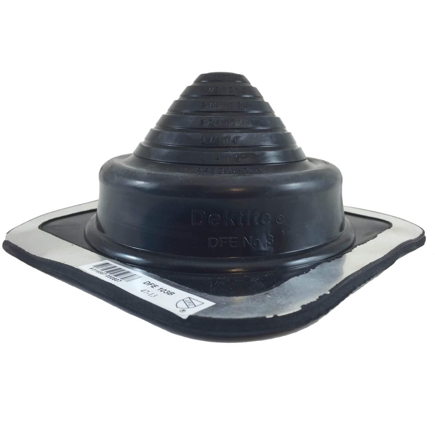 DEKTITE SQUARE BASE PIPE FLASHING BOOT: #3 (DFE103B) BLACK Square Base EPDM Flexible Pipe Flashing Dektite (for OD pipe sizes 1/4" - 5")~Roof Jack Pipe Boot~pipe flashing