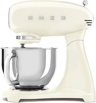 SMF03CRUK, 50’S Retro Style Stand Mixer With 10 Variable Speeds, 4.8 L Stainless Steel Bowl, Safety Lock When Mixing, Includes Wire Whisk, Flat Beater, Dough Hook, Cream, 1 Year Warranty