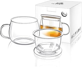 Lezero 13oz Tea Infuser Cups Kits, Glass Mugs with Filter Basket and Lid for Loose leaf-Tea Brewing, Heat Resistant, Lead-free, Microwave & Dishwasher Safe