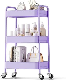 TOOLF 3-Tier Metal Rolling Cart with Wheels, Storage Utility Organizer Cart for Kitchen, Bathroom, Office, Baby Essentials & Makeup - Lockable Casters, Easy Assembly, 132 lbs Capacity, Purple