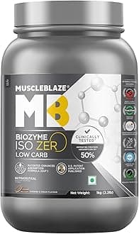 MuscleBlaze Biozyme Iso-Zero, Low Carb, 100% Pure Whey Protein Isolate with USA Patent-Published Enhanced Absorption Formula (EAF®) 27 g Pure Isolate Whey Per Scoop (Cookies & Cream, 1 kg / 2.2 lb)