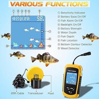 Atibin Handheld Kayak Fish Depth Finder Portable Transducer Fish Finder Sonar Boat Dock Fish Finders Display Water Fishing Yellow