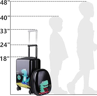 iPlay, iLearn 2Pc 13" 18" Kids Dinosaur Travel Luggage Set, Hardside Upright Carry on Suitcase with 4 Wheels, Cute Hard Shell Backpack, School Bag for 2, 3, 4, 5, 6, 7, 8 Year Olds Children Girls Boys