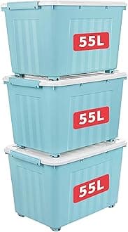 Cetomo 55L*3 Storage Boxes with Lids, Plastic Storage Box with Wheels and Secure Side Latches, Stackable & Nestable Organizer for Home, Office, Moving, PP, Blue, 55L-3 Pack