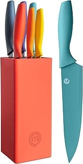 MasterChef Knife Block Set of 6 Kitchen Knives, Extra Sharp Stainless Steel Blades for Professional Cutting with Non Stick Coating & Soft Touch Easy Grip Handles in a Red Universal Block, Vivid Color
