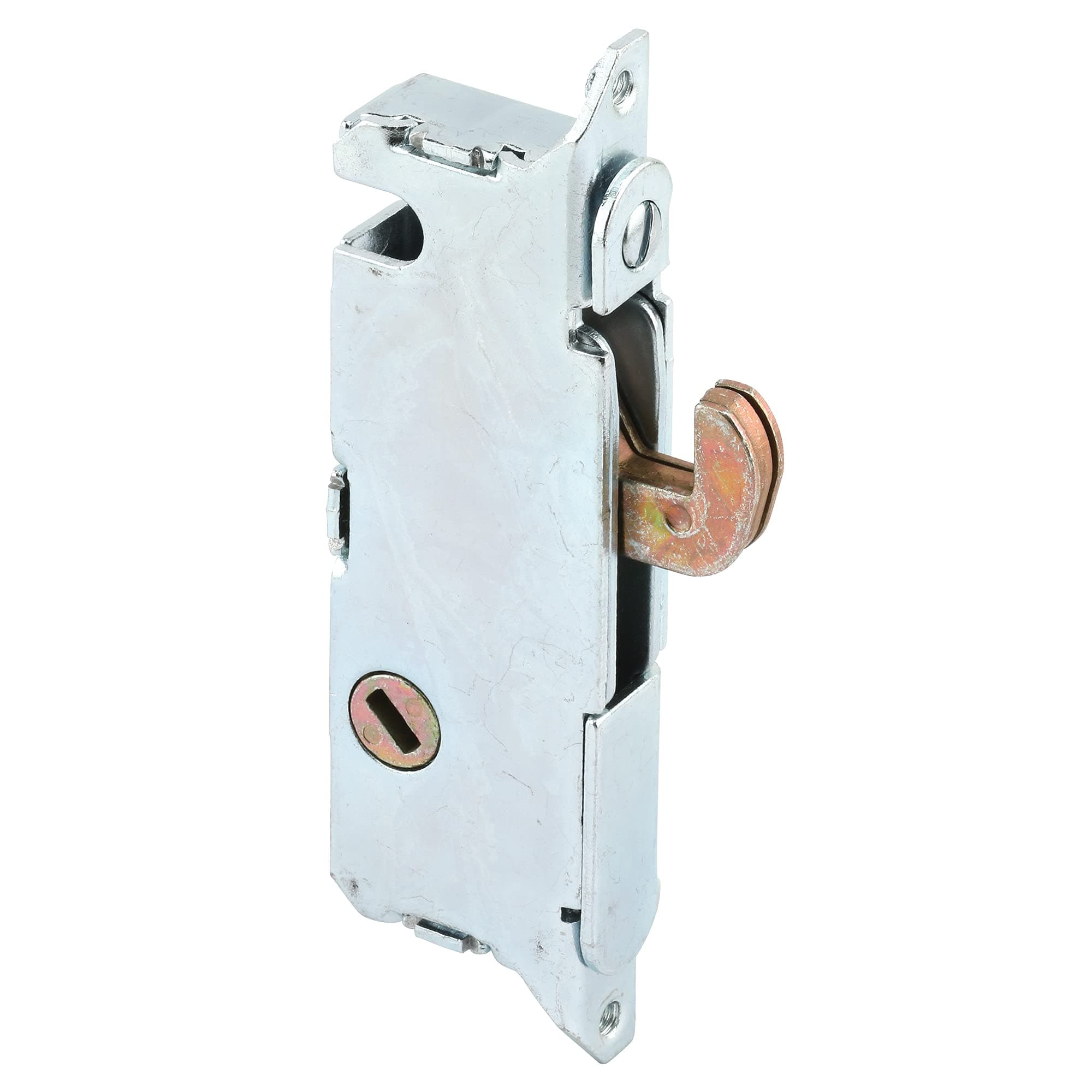 PRIME-LINE E 2014 Mortise Lock - Adjustable, Spring-Loaded Hook Latch Projection for Sliding Patio Doors Constructed of Wood, Aluminum and Vinyl, 3-11/16”, 45 Degree Keyway, Round Face